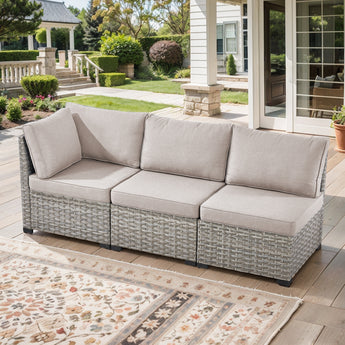 Belord 78-inch modular wicker patio sofa with three seats and 4-inch cushions from the PAD Series, outdoor lounge furniture.