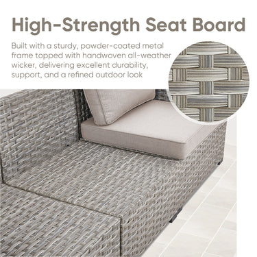 Belord 78-inch modular wicker patio sofa with three seats and beige cushions, part of the PAD Series outdoor furniture.