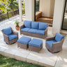 Belord 5-piece patio conversation set with sofa, swivel chairs, and ottomans, featuring cushioned seating and outdoor-friendly design.