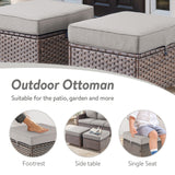 Gray 5-piece Belord patio conversation set with sofa, swivel chairs, and ottomans arranged outdoors.