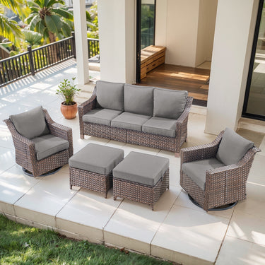 Belord 5-piece patio conversation set with sofa, swivel chairs, and ottomans for outdoor seating and relaxation.