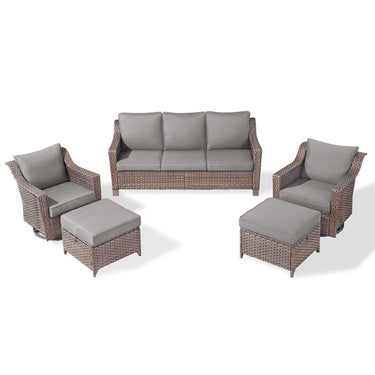 Belord 5-piece patio conversation set with sofa, swivel chairs, and ottomans, featuring gray cushions and outdoor furniture design.