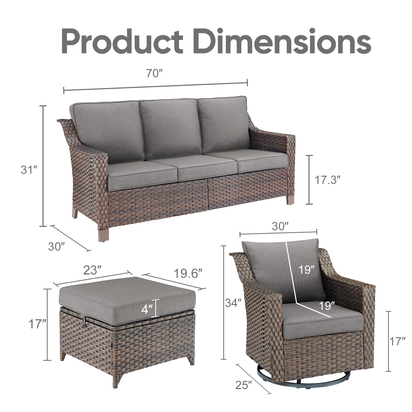 5PC Patio Conversation Set with Sofa, 2 Swivel Rocker Chairs & 2 Ottomans, DAR Series