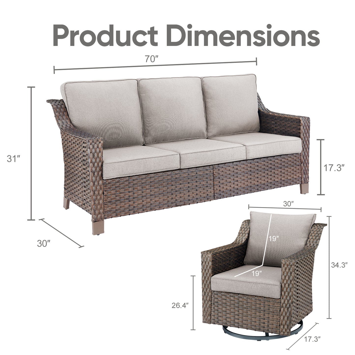 3PC Patio Conversation Set with 3-Seat Sofa & 2 Swivel Rocker Chairs, DAR Series
