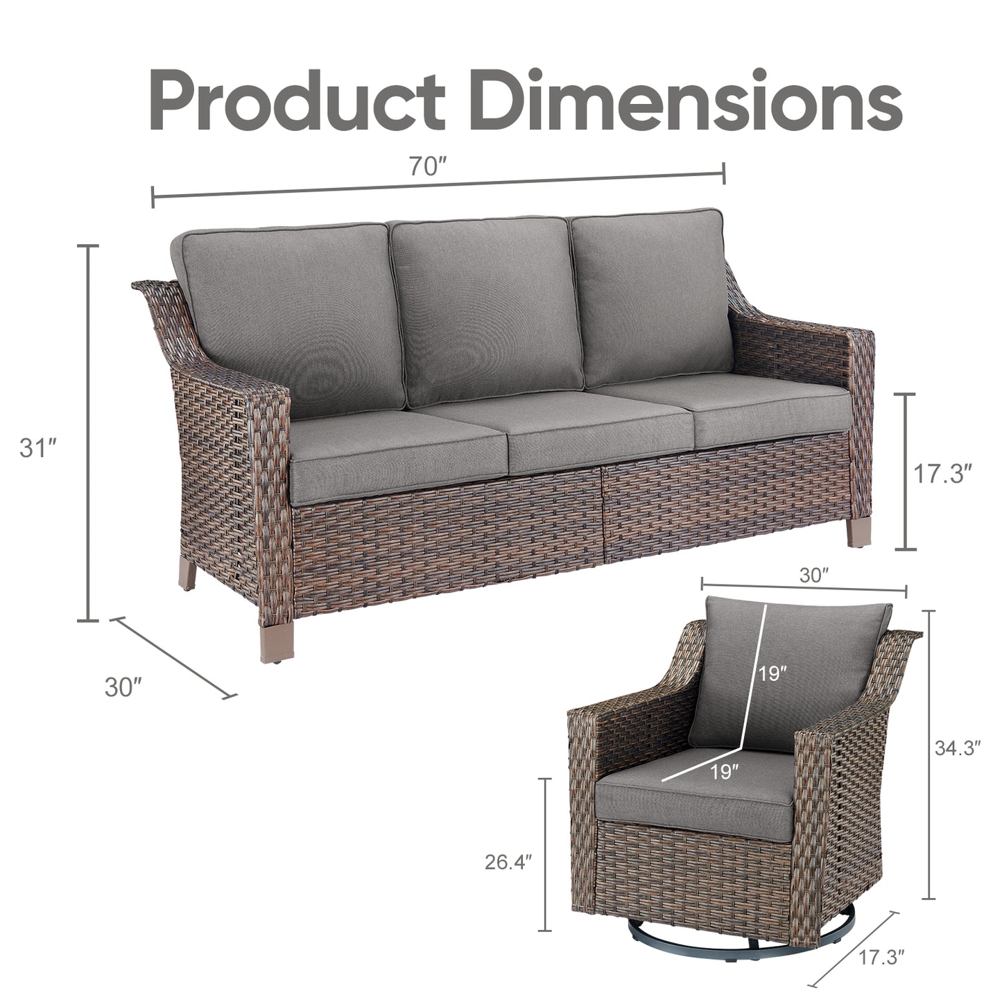 3PC Patio Conversation Set with 3-Seat Sofa & 2 Swivel Rocker Chairs, DAR Series
