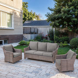 Belord 3-piece patio conversation set with sofa and swivel chairs, featuring gray cushions and sturdy outdoor furniture design.
