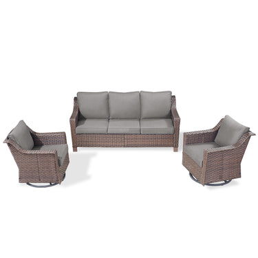 Gray 3-piece patio conversation set by Belord featuring a sofa and swivel chairs for outdoor seating and relaxation.