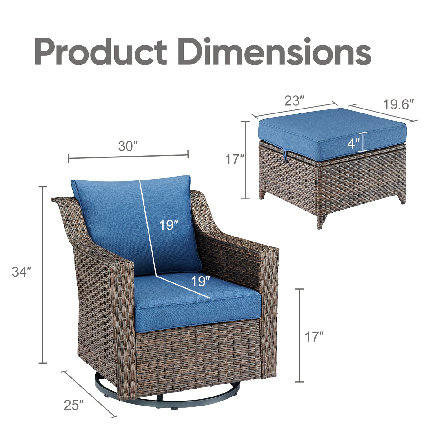 4PC Patio Seating Set with 2 Swivel Rocker Chairs & 2 Ottomans, DAR Series