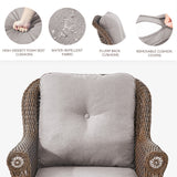 Set of 2 Belord high-back wicker patio chairs with floral armrest design, ideal for outdoor seating and garden decor.