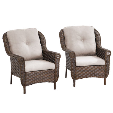 Set of 2 Belord high-back wicker patio chairs with floral armrest designs, perfect for outdoor seating and garden decor.