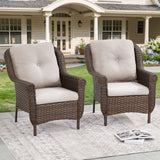 Set of 2 high-back wicker patio chairs with floral armrest design from Belord FL Series, showcasing woven rattan and cushioned seats.