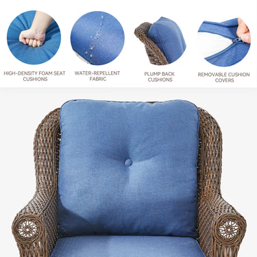Set of 2 Belord high-back wicker patio chairs with floral armrest design, perfect for outdoor seating and garden decor.