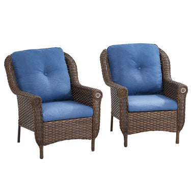 Set of 2 Belord high-back wicker patio chairs with floral armrest design, perfect for outdoor seating and garden décor.