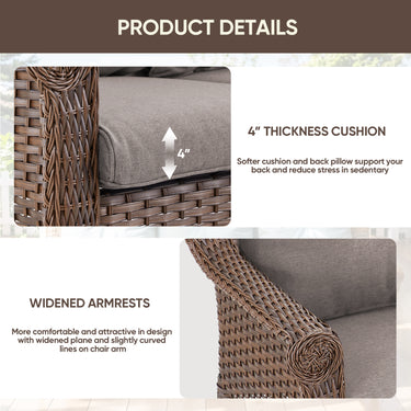 Set of 2 Belord high-back wicker patio chairs with floral armrest design, ideal for outdoor seating and garden decor.