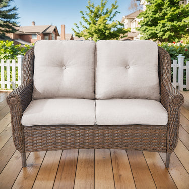 Belord wicker outdoor loveseat with high back and floral armrest design, perfect for patio seating, FL Series.