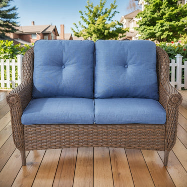 Wicker outdoor loveseat with high back and floral armrest design, Belord FL Series patio loveseat, black and white color.