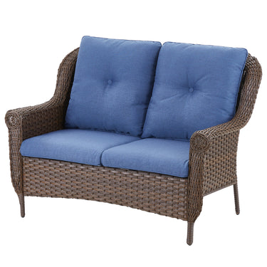 Belord wicker outdoor loveseat with a high back and floral armrest design, ideal for patio seating, part of the FL Series.