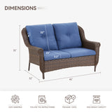 Wicker outdoor loveseat by Belord with high back, floral armrest design, perfect for patio seating.