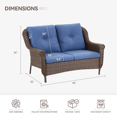 Wicker outdoor loveseat by Belord with high back, floral armrest design, perfect for patio seating.