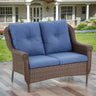 Wicker outdoor loveseat with high back and floral armrest design from Belord FL Series, perfect for patio seating.
