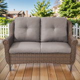 Belord wicker outdoor loveseat with high back and floral armrest design, ideal for patio seating and outdoor relaxation.