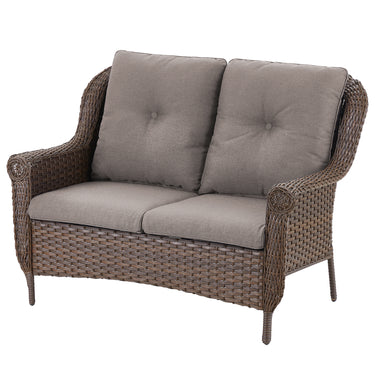 Belord wicker outdoor loveseat with high back and floral armrest design, perfect for patio lounging.