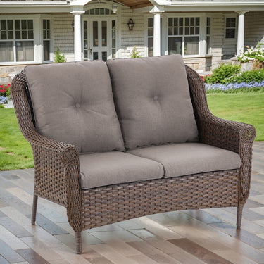 Belord wicker outdoor loveseat with high back and floral armrest design, ideal for patio seating, part of FL Series.