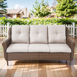 Belord 3-seat wicker outdoor patio sofa with high back and floral armrest, ideal for garden or patio seating.