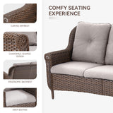 Belord 3-seat wicker outdoor patio sofa with high back and floral armrests, ideal for garden or porch seating.