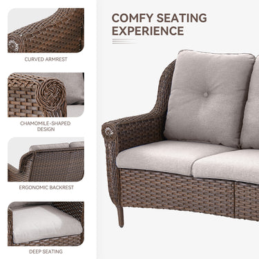 Belord 3-seat wicker outdoor patio sofa with high back and floral armrests, ideal for garden or porch seating.