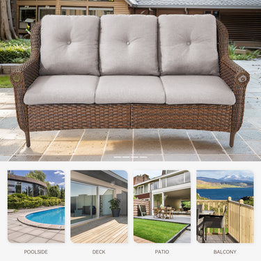 Belord 3-seat wicker outdoor patio sofa with high backrest and floral armrests, perfect for garden or porch seating.