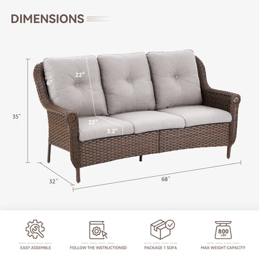 Belord 3-seat wicker outdoor patio sofa with high back and floral armrest, FL Series, perfect for garden or patio seating.