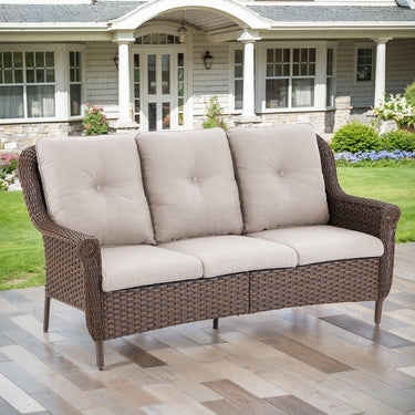 Belord 3-seat wicker outdoor sofa with high back and floral armrest, ideal for patio lounging and outdoor relaxation.
