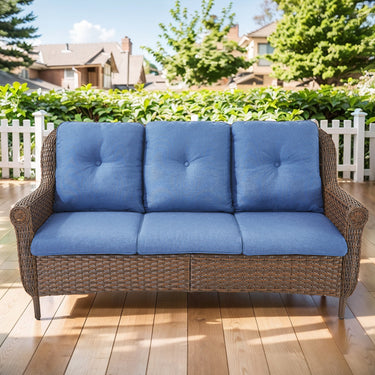 Belord 3-seat wicker outdoor patio sofa with high back and floral armrests, ideal for garden or outdoor seating.