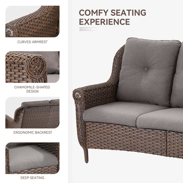 Belord 3-seat wicker outdoor sofa with high back and floral armrest, perfect for patio lounging and outdoor decor.