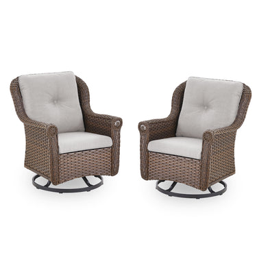 Set of 2 Belord wicker patio swivel glider chairs with high back, floral armrests, ideal for outdoor seating.