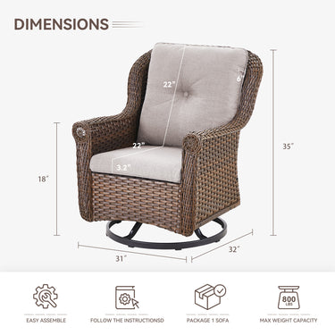 Set of 2 Belord wicker swivel patio chairs with high backrests, floral armrests, perfect for outdoor seating.