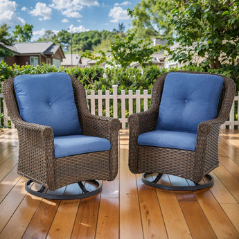 Pair of Belord wicker swivel patio chairs with high backrests and floral armrests, perfect for outdoor relaxing.