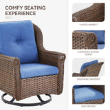 Set of 2 Belord wicker patio swivel glider chairs with high back and floral armrests, perfect for outdoor relaxing.
