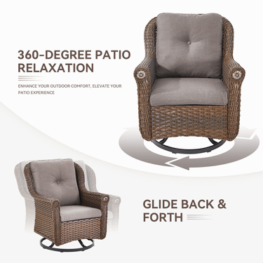Set of 2 Belord wicker patio swivel glider chairs with high backs and floral armrests, perfect for outdoor seating.