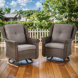 Set of 2 Belord wicker patio swivel glider chairs with high backs and floral armrests, ideal for outdoor relaxation.