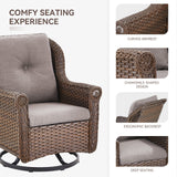 Set of 2 Belord wicker swivel patio chairs with high backs and floral armrests, ideal for outdoor relaxation.