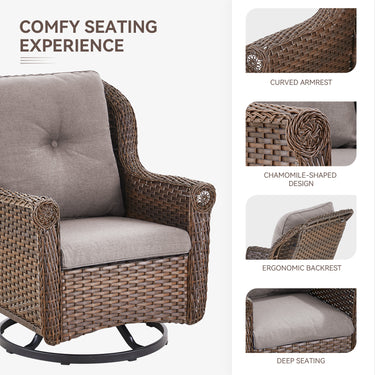 Set of 2 Belord wicker swivel patio chairs with high backs and floral armrests, ideal for outdoor relaxation.
