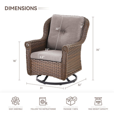 Pair of Belord wicker patio swivel glider chairs with high backs and floral armrests, perfect for outdoor seating.
