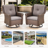 Pair of Belord wicker swivel patio chairs with high backrests, floral armrests, and comfortable gliding design.