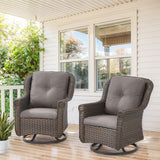 Set of 2 Belord wicker swivel patio chairs with high backs and floral armrests, ideal for outdoor relaxation.