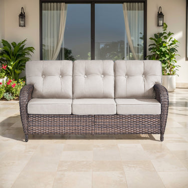 3-Seater T-Back Sofa – 5" Thick High-Density Cushions, All-Weather Brown Wicker, T Series - Belord