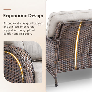 Luxury Belord 5-piece patio conversation set with wicker sofa, chairs, side and coffee tables, and plush cushions outdoors.