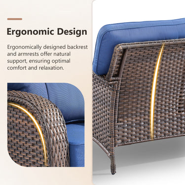 Luxury 5-piece patio conversation set by Belord with wicker sofa, chairs, side and coffee tables, and thick cushions.