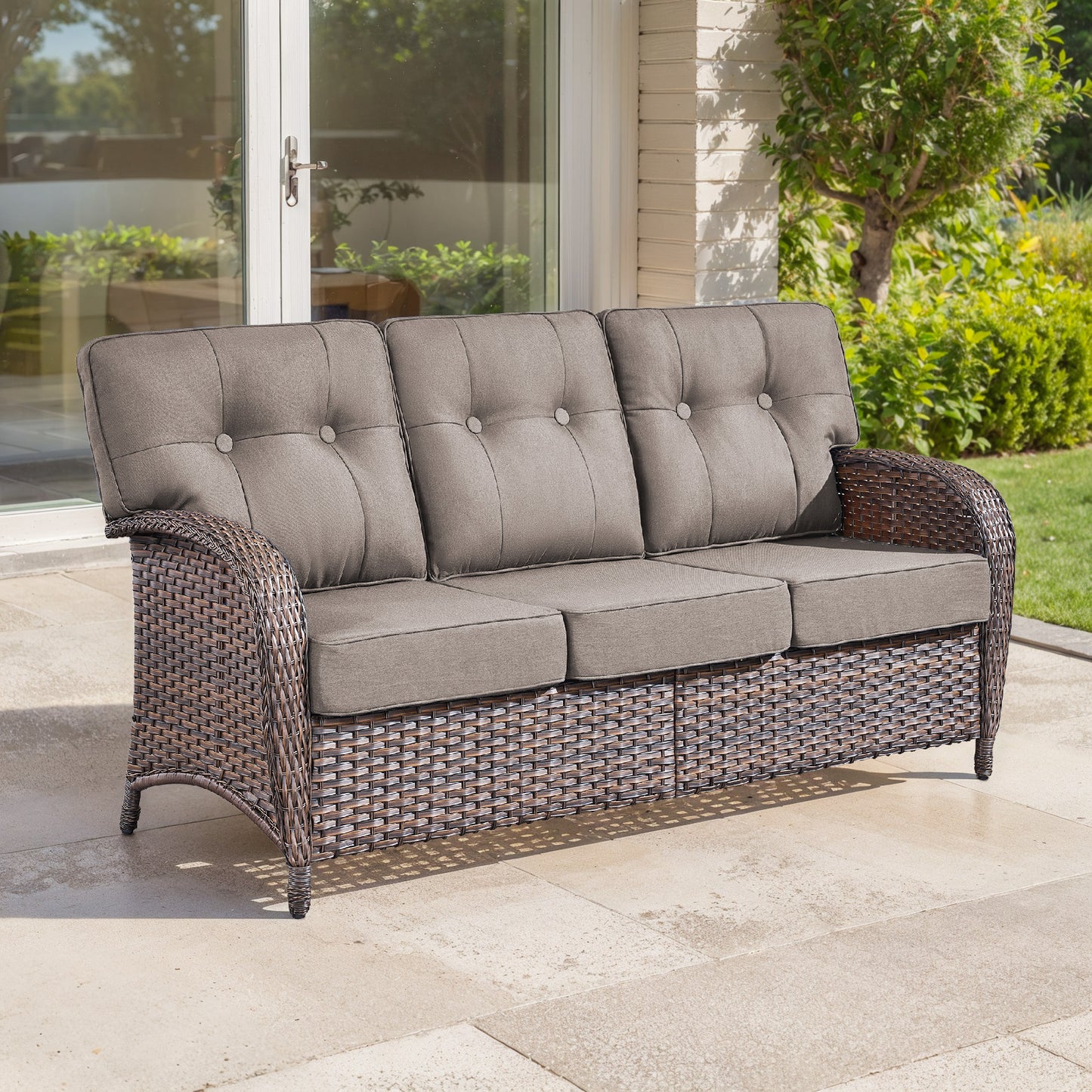 3-Seater T-Back Sofa – 5" Thick High-Density Cushions, All-Weather Brown Wicker, T Series